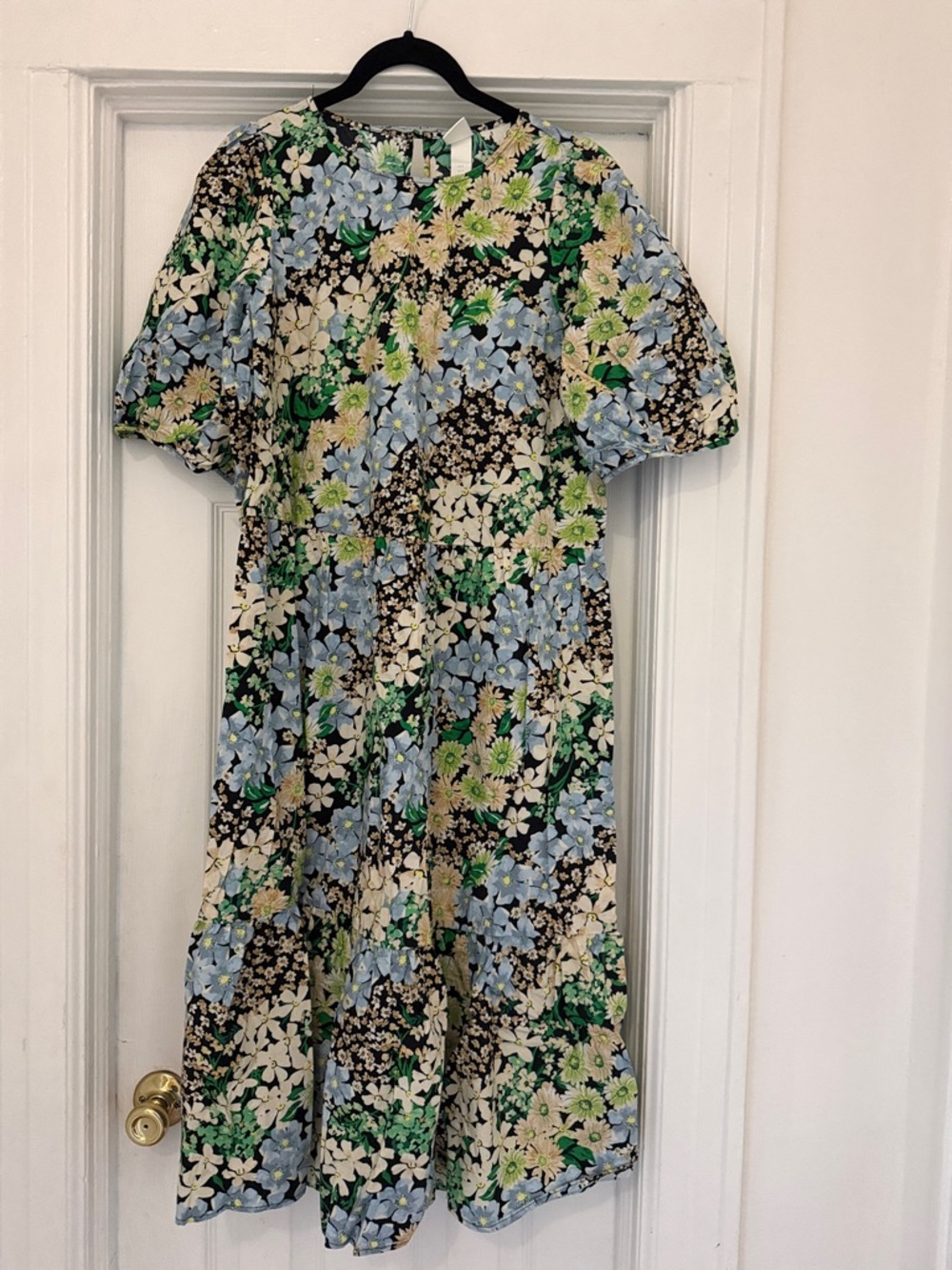 H&M Floral Midi Dress in Light Blue, Green, Black, Cream